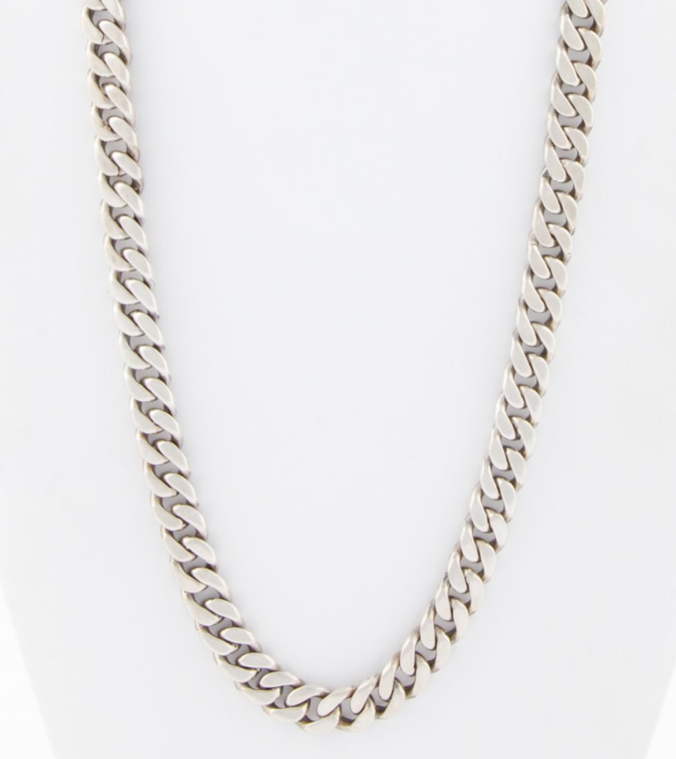 Solid Silver Chain Necklace: Very Heavy Solid Silver Chain Necklace. 26"L (66 cm). Mexican. Marked 925. 132.5 g. Since 1937, the The Silver Shop of Princeton, NJ was located at 59 Palmer Square West.