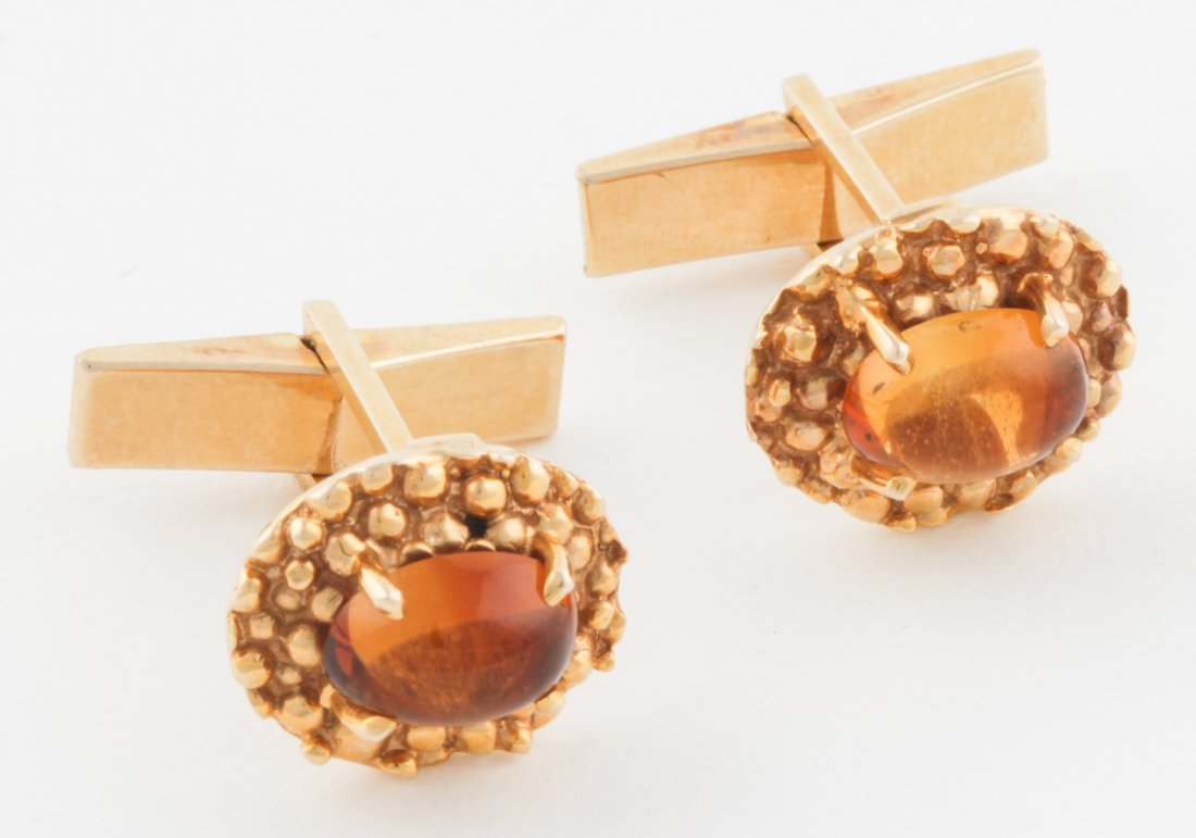 Very Fine Citrine Cufflinks in 14K Gold: Very Fine Citrine Cufflinks with Cabochon Citrines mounted on beaded Gold Plaques in 14K Gold. 10.9 g. Since 1937, the The Silver Shop of Princeton, NJ was located at 59 Palmer Square West.