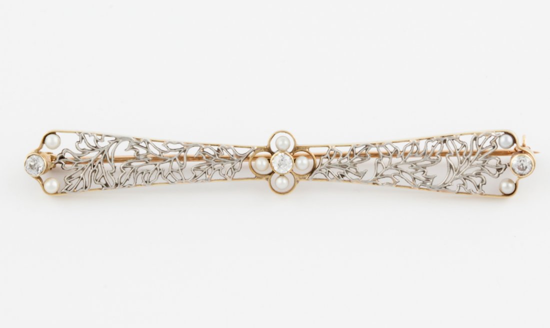 Antique Gold, Diamond and Pearl Bar Pin: Antique Gold, Diamond and Pearl Bar Pin. Unmarked. 3"L (7.5 cm). 5.9 g. Since 1937, the The Silver Shop of Princeton, NJ was located at 59 Palmer Square West.