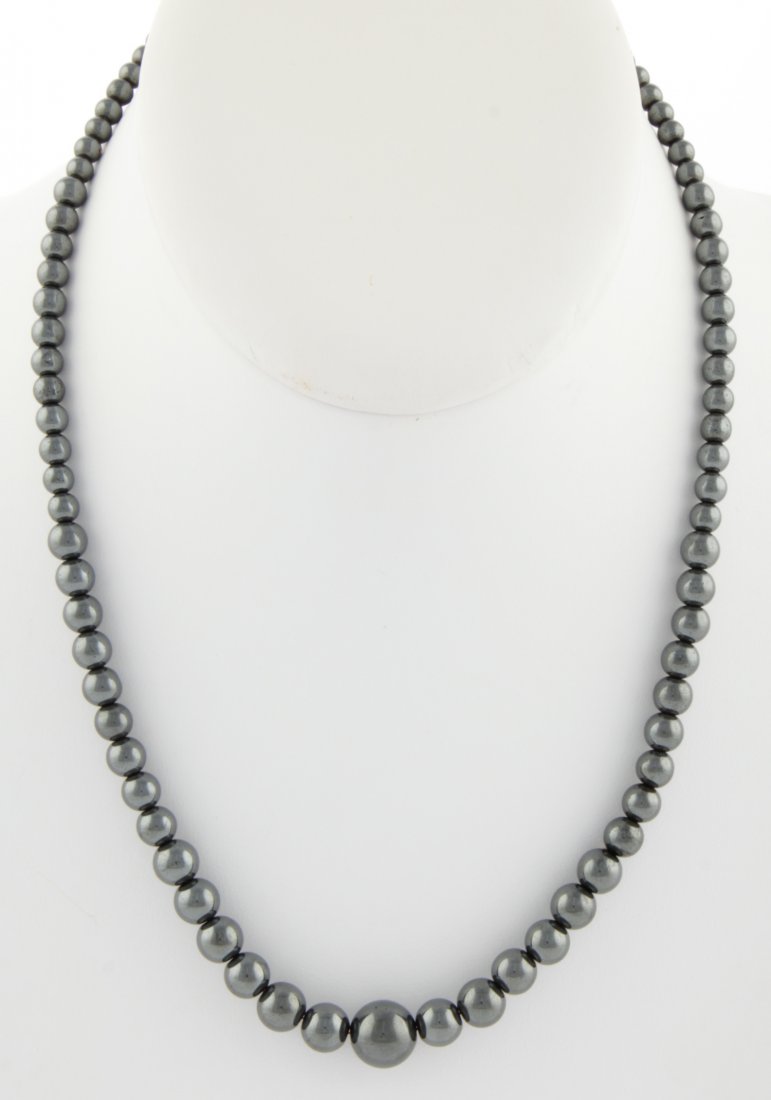 Hematite Beaded Necklace: Hematite Beaded Necklace. 18"L (46 cm). 40.4 g.Since 1937, the The Silver Shop of Princeton, NJ was located at 59 Palmer Square West.