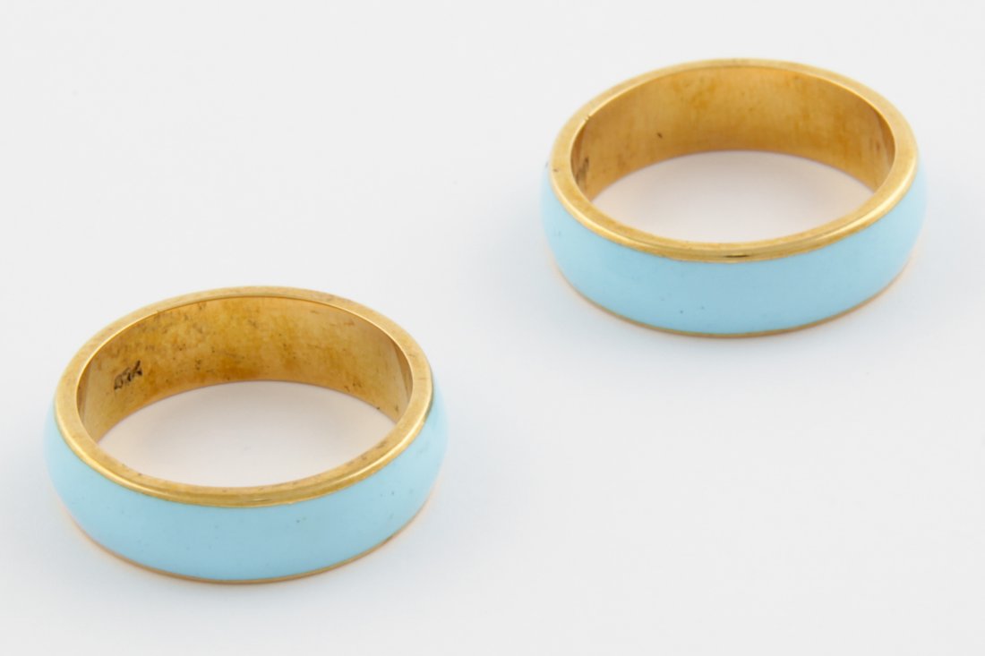 Pair 18K Gold Rings with Turquoise Enamel: Pair of beautiful matching 18K Gold Rings with Turquoise Enamel marked 750. Both size 5.5. 5.6 g (each). Since 1937, the The Silver Shop of Princeton, NJ was located at 59 Palmer Square West.