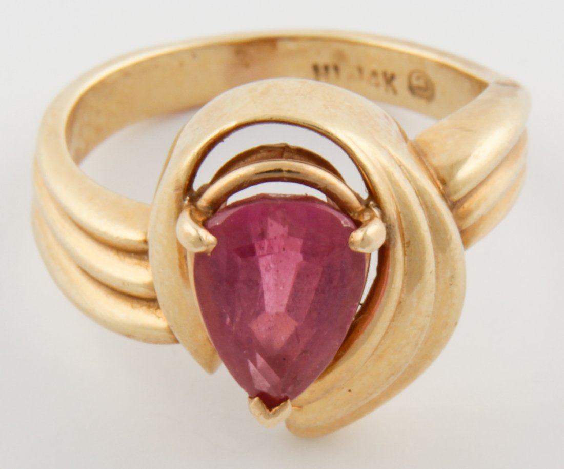 Pear-shaped Pink Ruby and 14K Gold Ring: Pear-shaped Pink Ruby and 14K Gold Ring. Size 5. 5.3 g. Since 1937, the The Silver Shop of Princeton, NJ was located at 59 Palmer Square West.