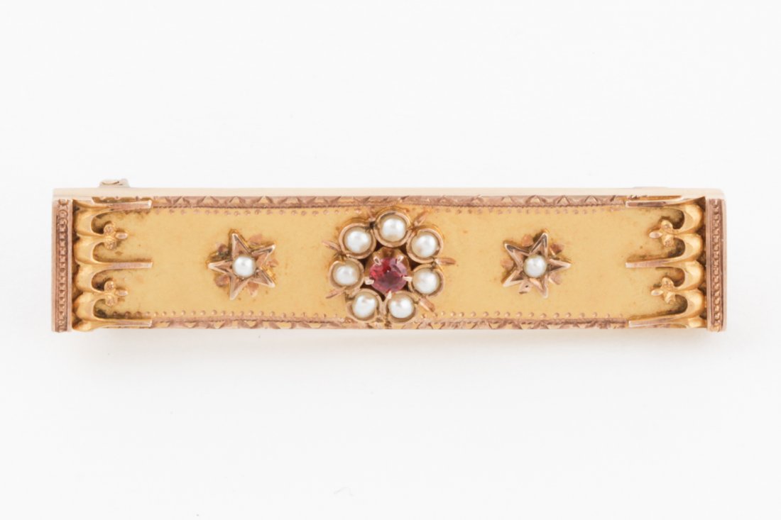 Beautiful 19th c. Gold Bar Pin: Beautiful 19th c. Gold Bar Pin with Center-set Citrine and Seed Pearl Surround flanked by Star-set Pearls. 2"W. 5.9 g. Since 1937, the The Silver Shop of Princeton, NJ was located at 59 Palmer Square 