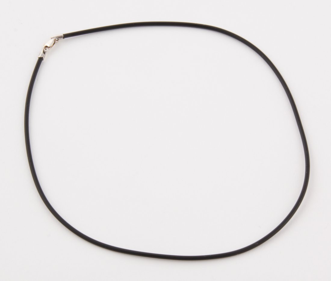 Rubber and Sterling Silver Necklace marked 925: Rubber and Sterling Silver Necklace marked 925. 16"L (41 cm). 1.5 g. Since 1937, the The Silver Shop of Princeton, NJ was located at 59 Palmer Square West.