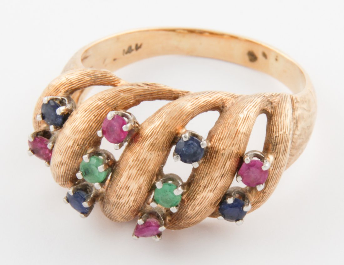 14K Gold, Sapphire and Ruby Ring: Gold, Sapphire and Ruby Ring marked 14K. Size 7. 5.6 g. Since 1937, the The Silver Shop of Princeton, NJ was located at 59 Palmer Square West.