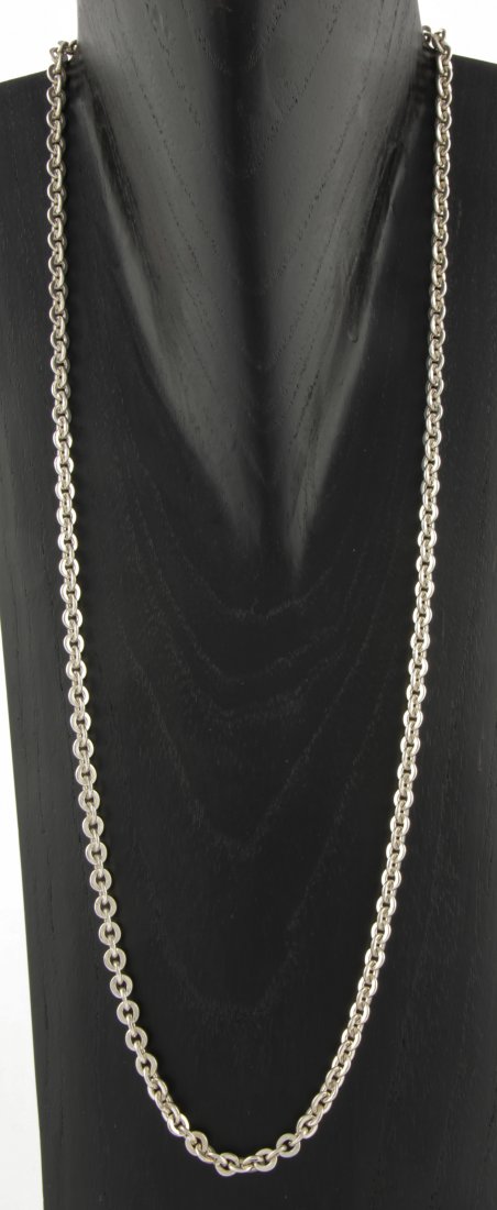 Substantial Silver Chain Necklace marked Sterling: Substantial Silver Chain Necklace marked Sterling. Beautiful and soft. 32"L (80 cm). 62.5 g. Since 1937, the The Silver Shop of Princeton, NJ was located at 59 Palmer Square West.
