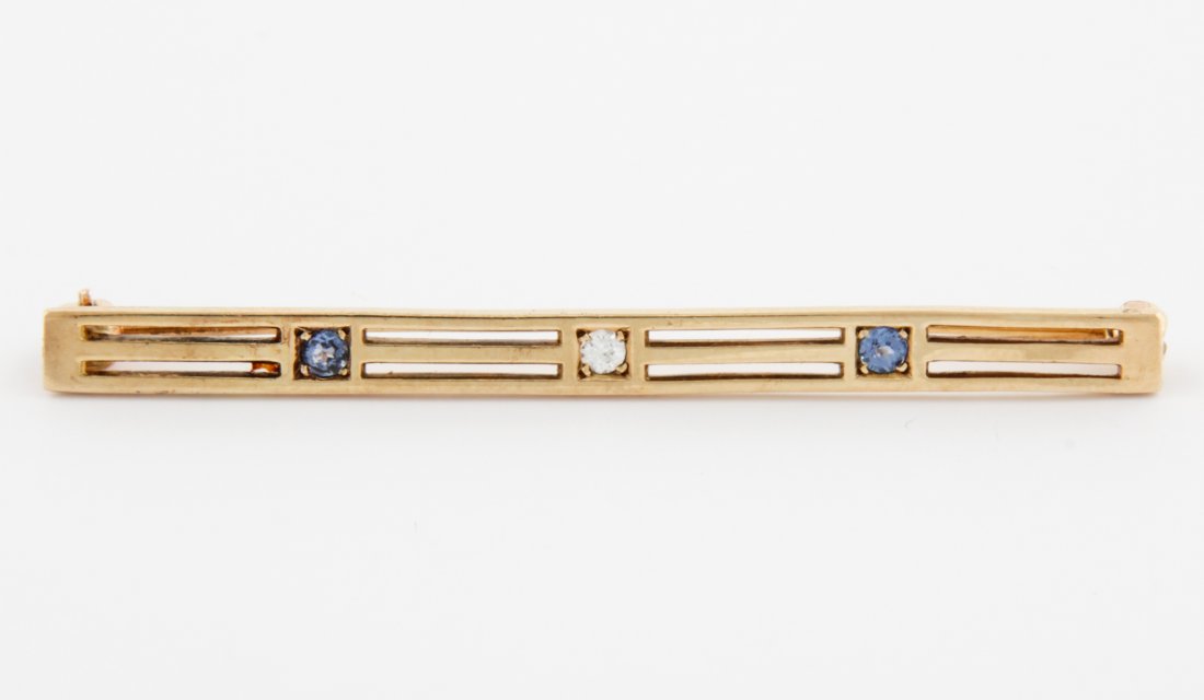 Antique Gold, Diamond and Sapphire Bar Pin: Antique Gold, Diamond and Sapphire Bar Pin. Unmarked. 2"L (5 cm). 2.8 g. Since 1937, the The Silver Shop of Princeton, NJ was located at 59 Palmer Square West.