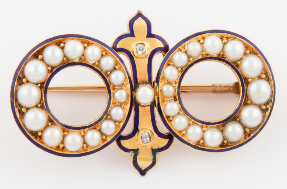 Antique Gold, Diamond, Pearl and Enamel Pin: Antique Gold, Diamond, Pearl and Enamel Pin. Two circles comprising graduated Seed Pearls emanating from center and separated by double fleur-de-lis containing two bezel-set Diamonds. Edge of Pin outl