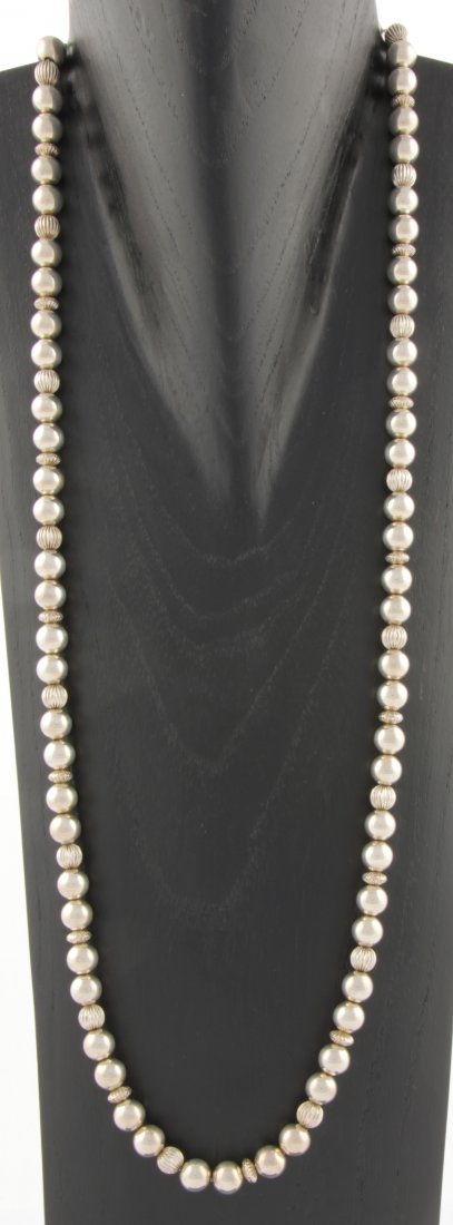 Very Fine Sterling Silver Beaded Necklace: Very Fine Sterling Silver Beaded Necklace marked 925. 34"L (86 cm). 83 g. Since 1937, the The Silver Shop of Princeton, NJ was located at 59 Palmer Square West.