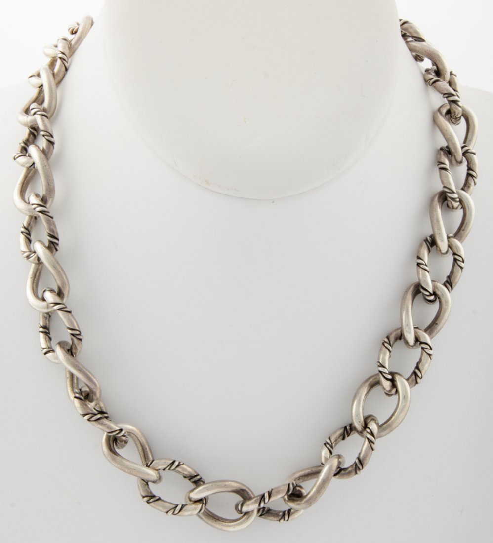 LaPaglia Silver Chain Necklace with Inlaid Twisted Wire: LaPaglia Silver Chain Necklace with Inlaid Twisted Wire Design marked Sterling 100. 17.25"L, 44 cm. 114.1 g. Since 1937, the The Silver Shop of Princeton, NJ was located at 59 Palmer Square West.