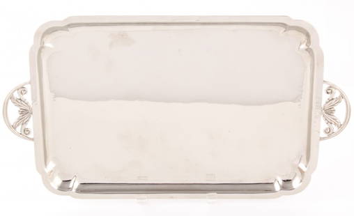 Silver Tray by Hans Grag Studio Ware for Cellini Craft: Silver Tray by Hans Grag Studio Ware for Cellini Craft. Handwrought Wartime Silver on Copper Tray. Inscribed Maker's Mark and 1121. 17.25" x 10.5" (44 x 27 cm). Perfect Condition. 30.79 ozt.Since