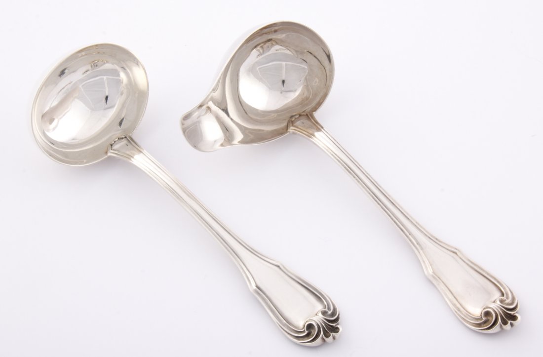 Buccellati Silver Ladles: Buccellati Silver Ladles in the "Borgia" Pattern. Italy. 2 Ladles. Cream 6 1/4", Gravy 6 1/4". Marked Buccellati Italy Sterling. 5.84 oztSince 1937, the The Silver Shop of Princeton, NJ was located at