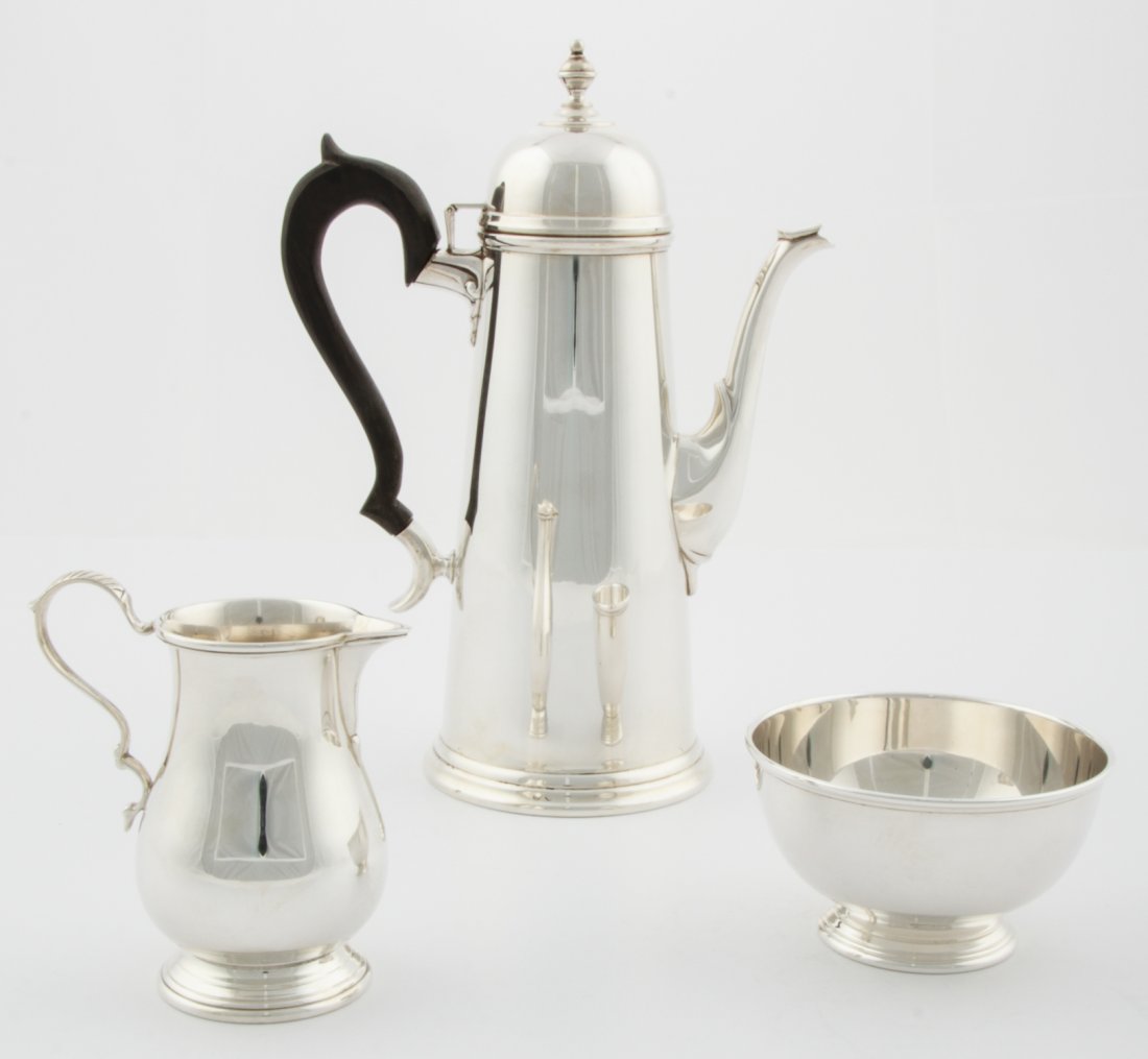 3 Pc. Tuttle Bachelor Silver and Ebony Coffee Service: Tuttle Bachelor Coffee Service. 3 Piece Silver and Ebony Set includes Coffeepot, Sugar and Creamer. Boston. Hinged Lid and Finial to the Coffeepot. Marked 1 1/2 Pints. Marked George I and Sterling and