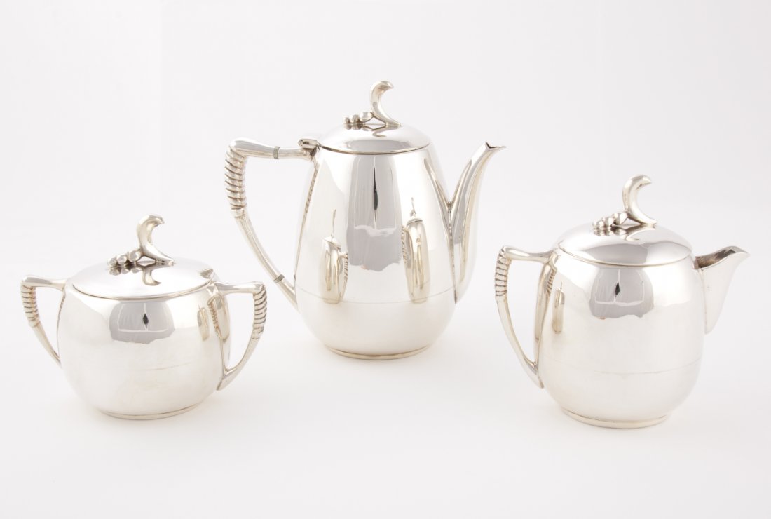 Modernist Silver Coffee Service: Modernist Silver Coffee Service. Mexico. JLR for Juvenito Lopez Reyes. 3 Pc Set includes Coffee or Tea, Covered Milk and Covered Sugar. 1940s marked Sterling 925 13. Ranging in size from 5" x 5.25" x