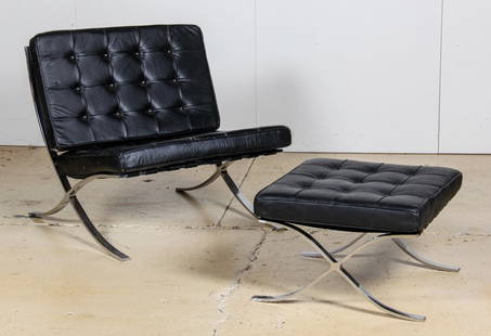 Mies Van Der Rohe Barcelona Chair and Ottoman: Mies Van Der Rohe Design Barcelona Chair and Ottoman Suite. Size: chair, 30" x 31" x 32" and ottoman, 15.5" x 24" x 22".Since 1937, the The Silver Shop of Princeton, NJ was located at 59 Palmer