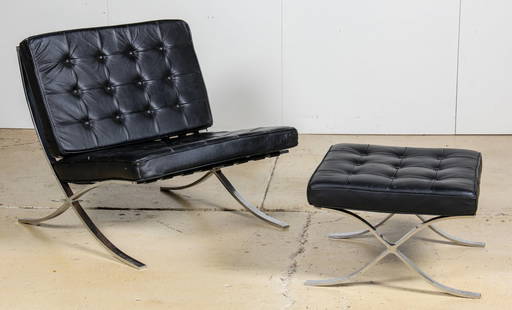 Mies Van Der Rohe Barcelona Chair and Ottoman: Mies Van Der Rohe Design Barcelona Chair and Ottoman Suite. Size: chair, 30" x 31" x 32" and ottoman, 15.5" x 24" x 22".Since 1937, the The Silver Shop of Princeton, NJ was located at 59 Palmer