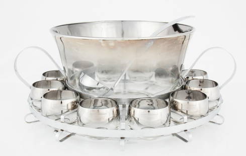 15 Pc Punch Bowl Service: 15 Pc Punch Bowl Service. Set includes Punch Bowl, 12 Cups, Tray and Ladle. Vintage Unused. Diameter of Bowl is 11" (28 cm).Since 1937, the The Silver Shop of Princeton, NJ was located at 59 Palmer