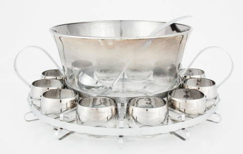 15 Pc Punch Bowl Service: 15 Pc Punch Bowl Service. Set includes Punch Bowl, 12 Cups, Tray and Ladle. Vintage Unused. Diameter of Bowl is 11" (28 cm).Since 1937, the The Silver Shop of Princeton, NJ was located at 59 Palmer