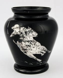 Polo Player Bohemian Black Glass Vase with Silver: Polo Player Bohemian Black Glass Vase with Silver Overlay. Marked Made in Czechoslovakia. 7"H x 5.5"W (18 x 14 cm).Since 1937, the The Silver Shop of Princeton, NJ was located at 59 Palmer Square