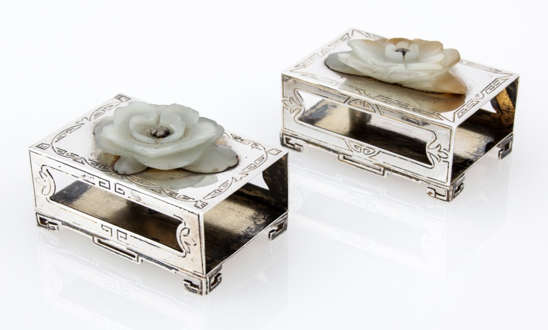 Edward I. Farmer Set of 2 Engraved Silver and Carved: Edward I. Farmer Set of 2 Engraved Silver and Carved Jade Matchboxes marked Sterling. 1" x 2.25" x 1.5" (3 x 6 x 4 cm) each. Weight: 3.9 ozt (total). Since 1937, the The Silver Shop of Princeton, NJ w