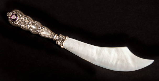 Mother of Pearl Sterling Silver and Amethyst Letter: Mother of Pearl Sterling Silver and Amethyst Letter Opener. 7"L (18 cm). Weight: 18 g.Since 1937, the The Silver Shop of Princeton, NJ was located at 59 Palmer Square West.