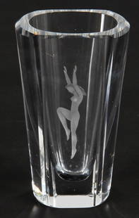 Swedish Vase with Wheel-Cut Female Nude Design: Swedish Vase with Wheel-Cut Female Nude Design, signed. 8"H x 4.5"W (20 x 11 cm).Since 1937, the The Silver Shop of Princeton, NJ was located at 59 Palmer Square West.