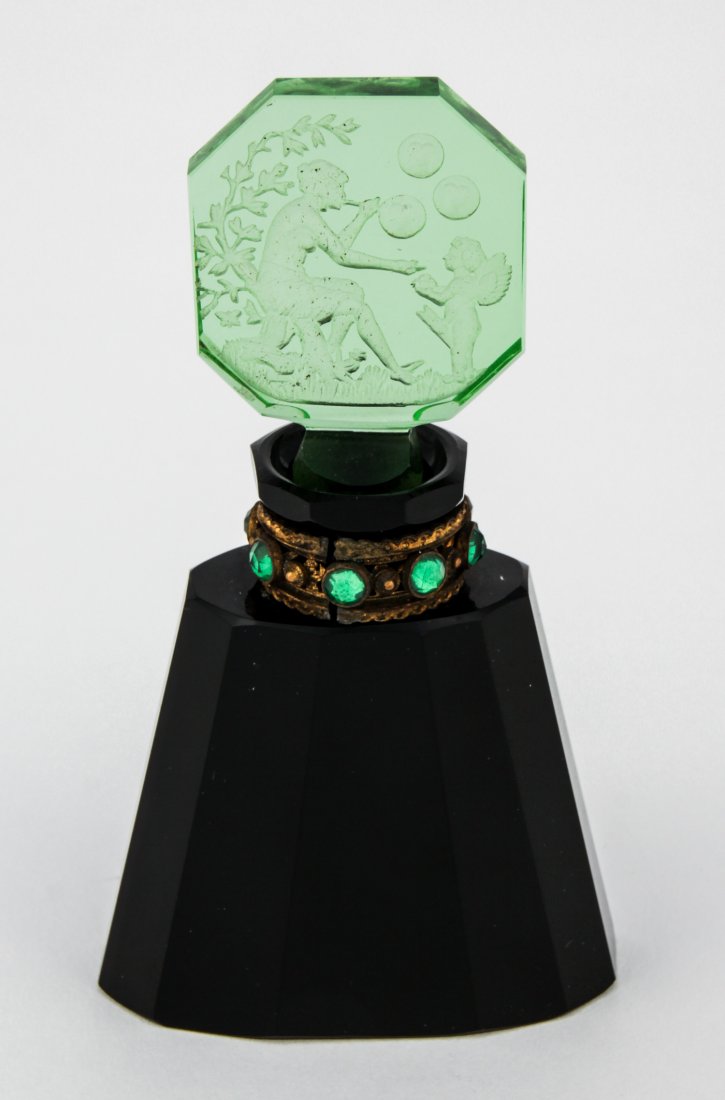 Czech Glass Deco Perfume Bottle with Dauber Stopper: Czech Glass Deco Perfume Bottle with Dauber Stopper. 4.5"H (12 cm). Since 1937, the The Silver Shop of Princeton, NJ was located at 59 Palmer Square West.