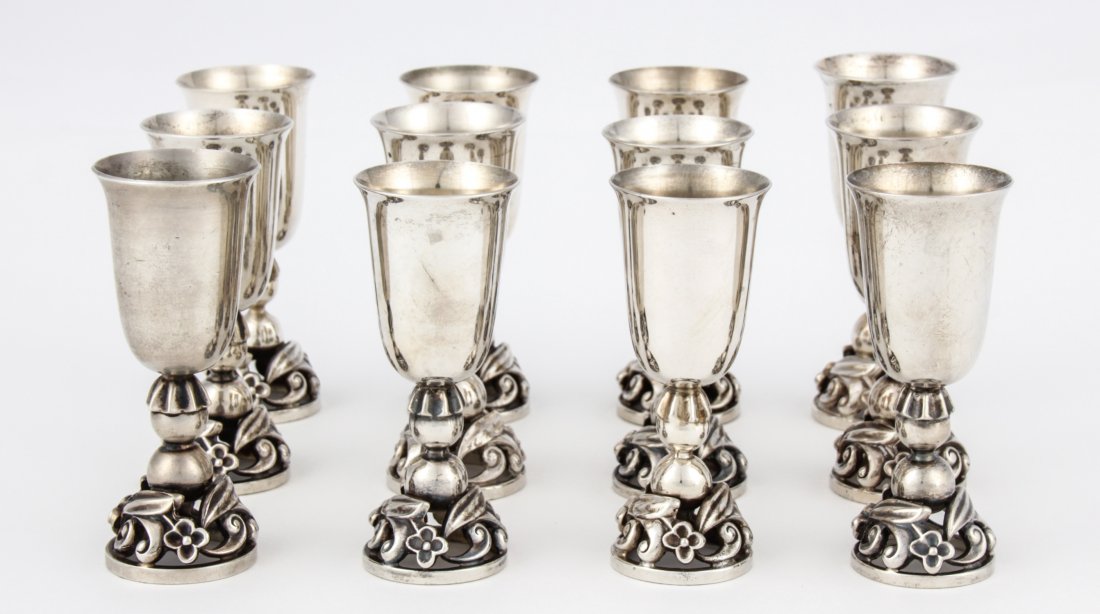 Set of 12 Lapaglia Sterling Cordials: Set of 12 Lapaglia Cordials marked Sterling. 3"H (8 cm) x 1.25"D (3 cm). Weight: 20.8 ozt. Since 1937, the The Silver Shop of Princeton, NJ was located at 59 Palmer Square West.