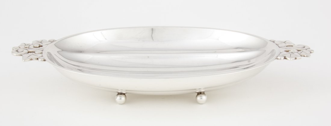 Tiffany & Co. Silver Ball-Footed Dish: Tiffany & Co. Silver Ball-Footed Dish with Ivy Handles, marked Sterling 22974. 1940's. 10"L (25 cm). Weight: 9 ozt. Since 1937, the The Silver Shop of Princeton, NJ was located at 59 Palmer Square Wes