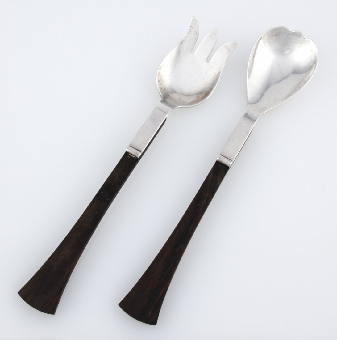 Relda Silver and Ebony Salad Servers: Relda Silver and Ebony Salad Servers. Handmade Serving Fork and Spoon marked Sterling. Relative to famed Silversmith Allan Adler. 10.75"L (27 cm). Weight: 184 g.Since 1937, the The Silver Shop of Prin