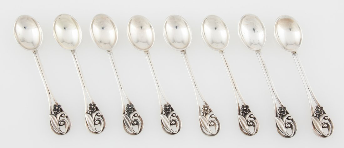 Georg Jensen USA Silver Demitasse Spoons: Georg Jensen USA Silver Demitasse Spoons marked Sterling. Set 8. 4"L (10 cm). Weight: 149.4 g. Since 1937, the The Silver Shop of Princeton, NJ was located at 59 Palmer Square West.