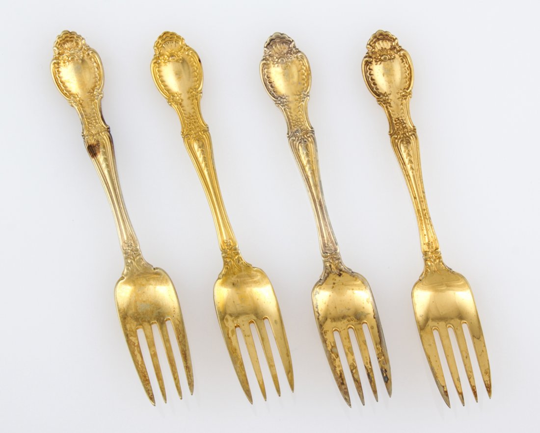 4 Tiffany & Co. Silver Gold Washed Forks: 4 Tiffany & Co. Silver Gold Washed Forks marked Sterling, Pat. 1892. T. 6"L (15 cm). Weight: 5.86 ozt. Since 1937, the The Silver Shop of Princeton, NJ was located at 59 Palmer Square West.