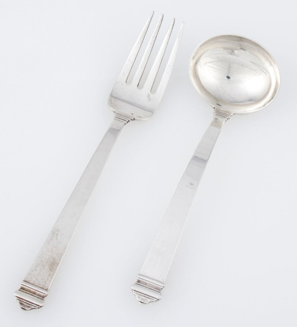 Tiffany & Co. Art Deco Serving Fork and Ladle in the: Tiffany & Co. Art Deco Serving Fork and Ladle in the "Hampton" Pattern marked Sterling. Ladle 7.25"L (18 cm) Fork 8.5"L (22 cm). Weight: 185.6 g (total). Since 1937, the The Silver Shop of Princeton, 