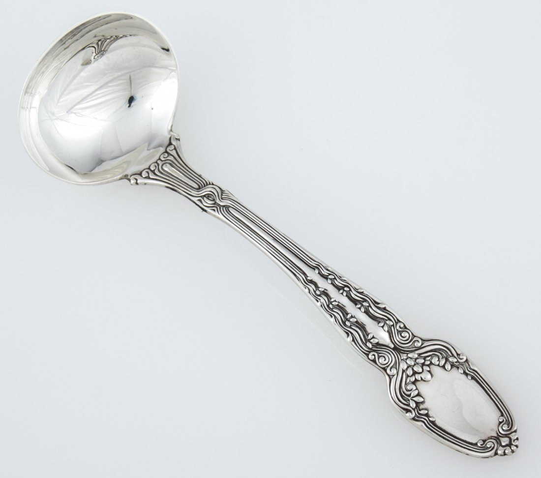 Tiffany & Co. Silver Ladle: Tiffany & Co. Silver Ladle in the "Broom Corn" Pattern marked Sterling PAT 1890. 5.75"L (15 cm). Weight: 59.3 g. Since 1937, the The Silver Shop of Princeton, NJ was located at 59 Palmer Square West.