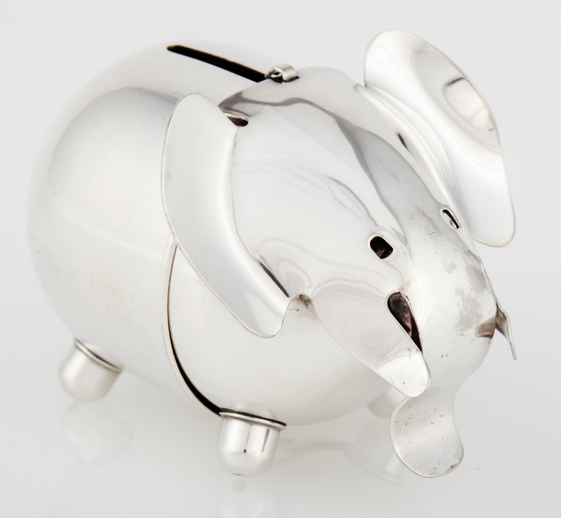 Napier Silver Plated Modernist Elephant Bank: Napier Silver Plated Modernist Elephant Bank. 3"H (8 cm). So cool! Weight: 5.7 ozt. Since 1937, the The Silver Shop of Princeton, NJ was located at 59 Palmer Square West.