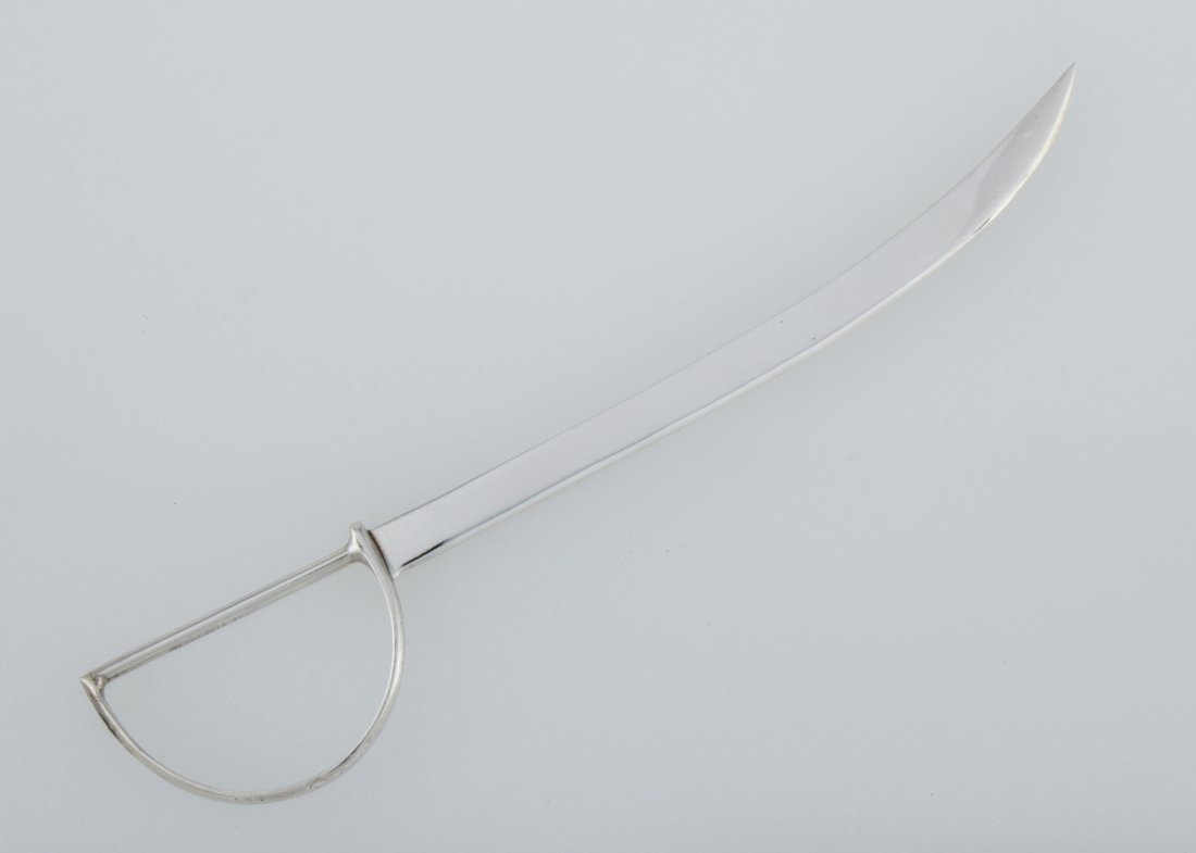 Saber Form Sterling Silver Letter Opener marked 925: Saber Form Sterling Silver Letter Opener marked 925. 8"L (20 cm). Perfect Condition. Weight: 24.2 g. Since 1937, the The Silver Shop of Princeton, NJ was located at 59 Palmer Square West.