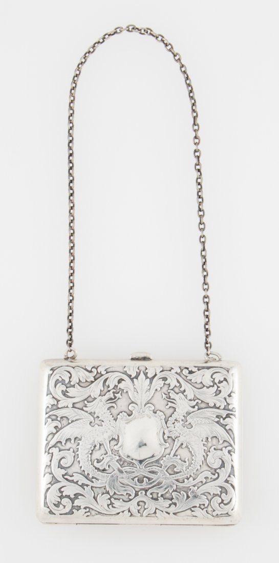 Hand Chased Silver Purse with Chain: Hand Chased Silver Purse with Chain. Engraved Dragon Motif marked Sterling 735. 3.25" x 3.75" (8 x 10 cm). Weight: 151 g. Since 1937, the The Silver Shop of Princeton, NJ was located at 59 Palmer Squa