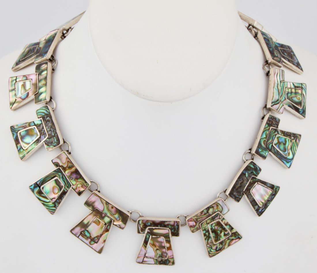 Taxco Mexican Silver and Abalone Necklace: Taxco Mexican Silver and Abalone Necklace marked Sterling. 16"L (40.5 cm). Weight: 3.4 ozt.Since 1937, the The Silver Shop of Princeton, NJ was located at 59 Palmer Square West.