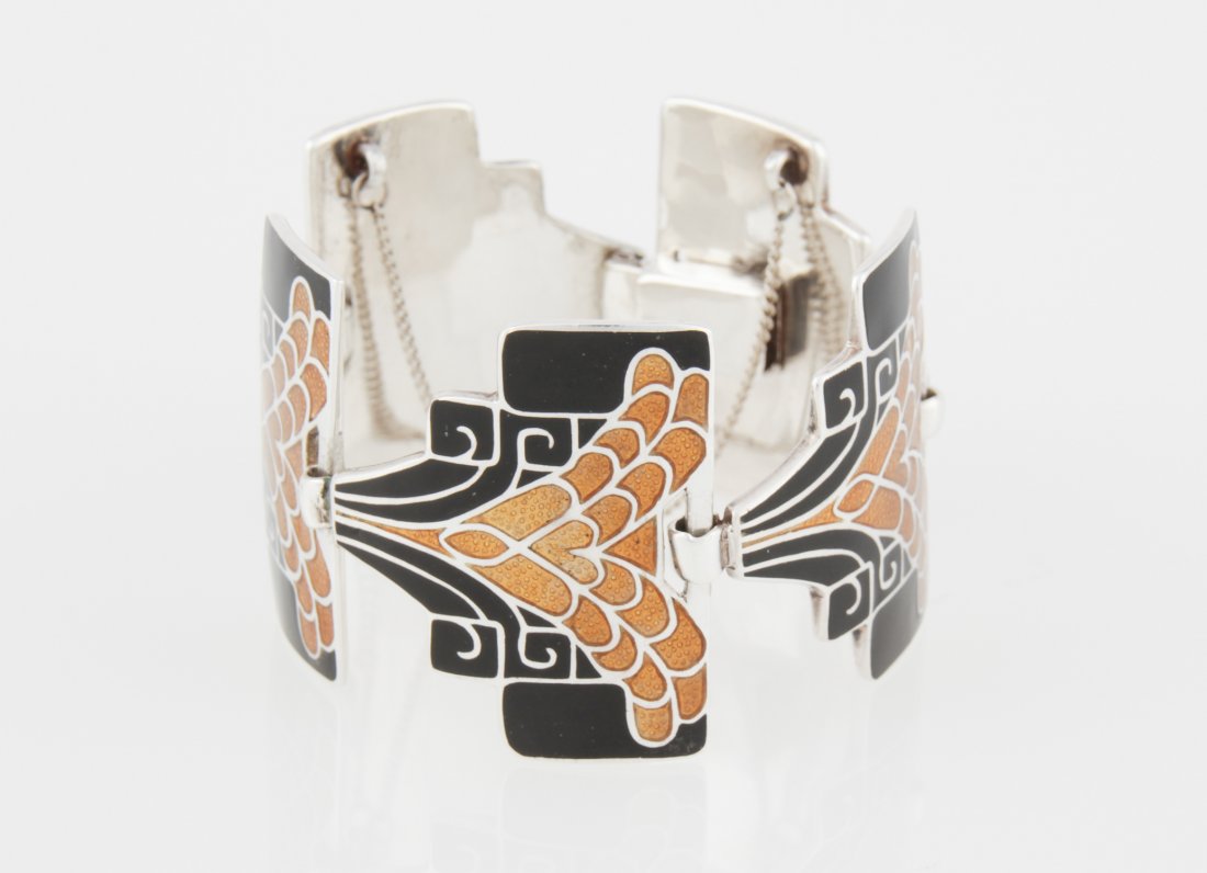 Margot de Taxco Enamel and Silver Bracelet: Margot de Taxco Enamel and Silver Bracelet. Mexico. Marked Sterling. Beautiful. 6.5"L x 1.5"H (17 x 4 cm). Weight: 81.1 g. Since 1937, the The Silver Shop of Princeton, NJ was located at 59 Palmer Squ
