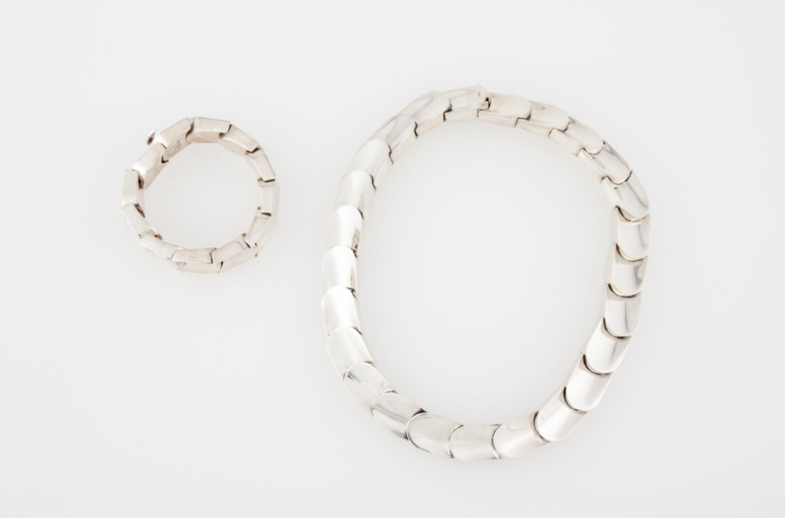 Handmade Mexican Sterling Silver Bracelet and Necklace: Handmade Mexican Sterling Silver Bracelet and Necklace marked 925. 2.5"D (6.5 cm); 15"L 38 cm). Weight: 203 g. Since 1937, the The Silver Shop of Princeton, NJ was located at 59 Palmer Square West.