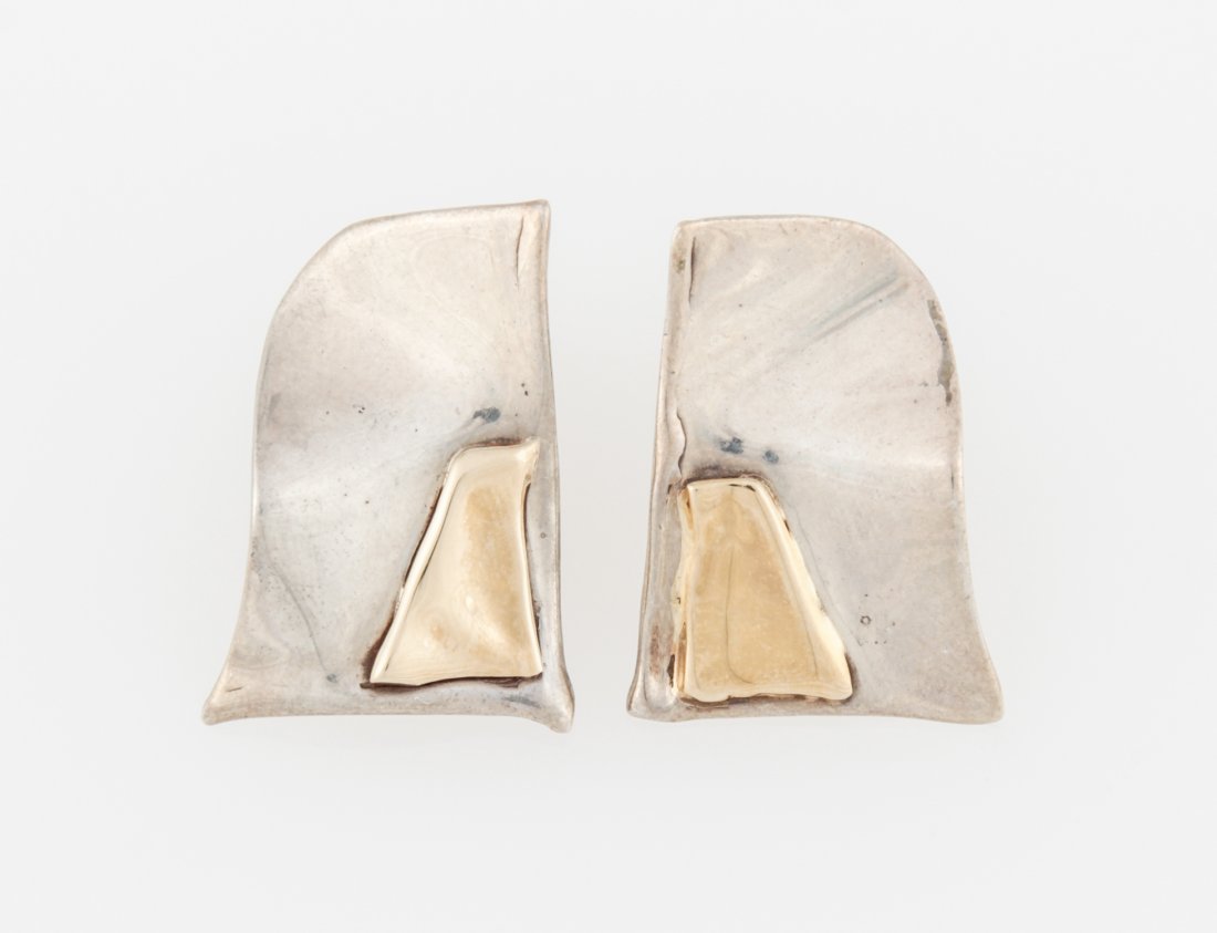 Handmade Sterling Silver and Gold Earrings: Handmade Sterling Silver and Gold Earrings marked 925S 14K, signed Tove. 1.25"L (3 cm). Weight: 11.6 g. Since 1937, the The Silver Shop of Princeton, NJ was located at 59 Palmer Square West.