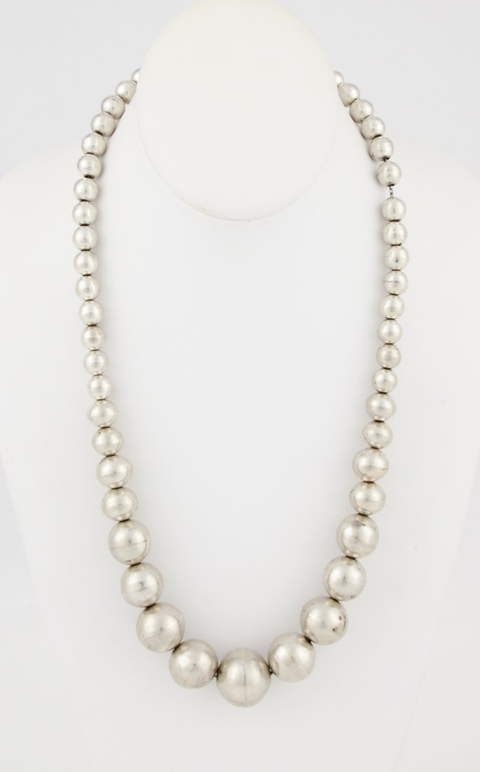 Handmade Sterling Silver Graduated Beaded Necklace: Handmade Sterling Silver Graduated Beaded Necklace. 24"L (70 cm). Weight: 93.6 g. Since 1937, the The Silver Shop of Princeton, NJ was located at 59 Palmer Square West.