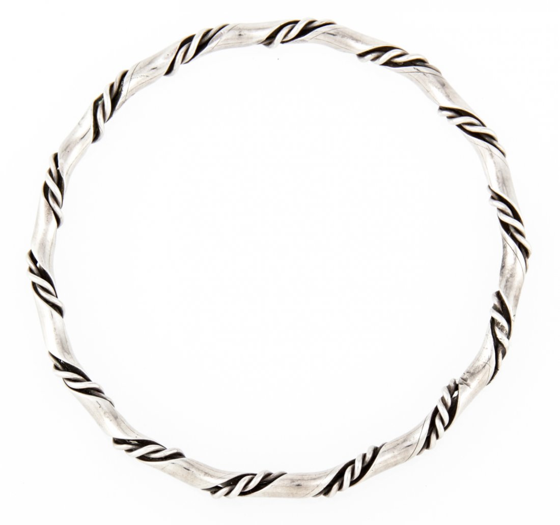 Jensen USA Silver Bangle Bracelet: Jensen USA Silver Bangle Bracelet. Unmarked. 2.75"D (7 cm). Weight: 19.3 g. Since 1937, the The Silver Shop of Princeton, NJ was located at 59 Palmer Square West.