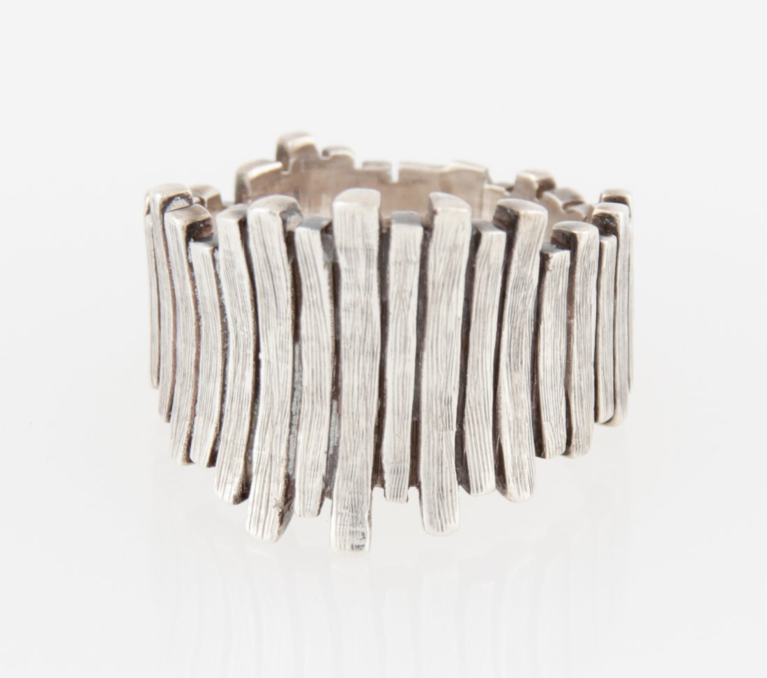 Modernist Sterling Silver Ring: Modernist Sterling Silver Ring marked Denmark 925S MPC. Size: 8. Weight: 8.4 g. Since 1937, the The Silver Shop of Princeton, NJ was located at 59 Palmer Square West.