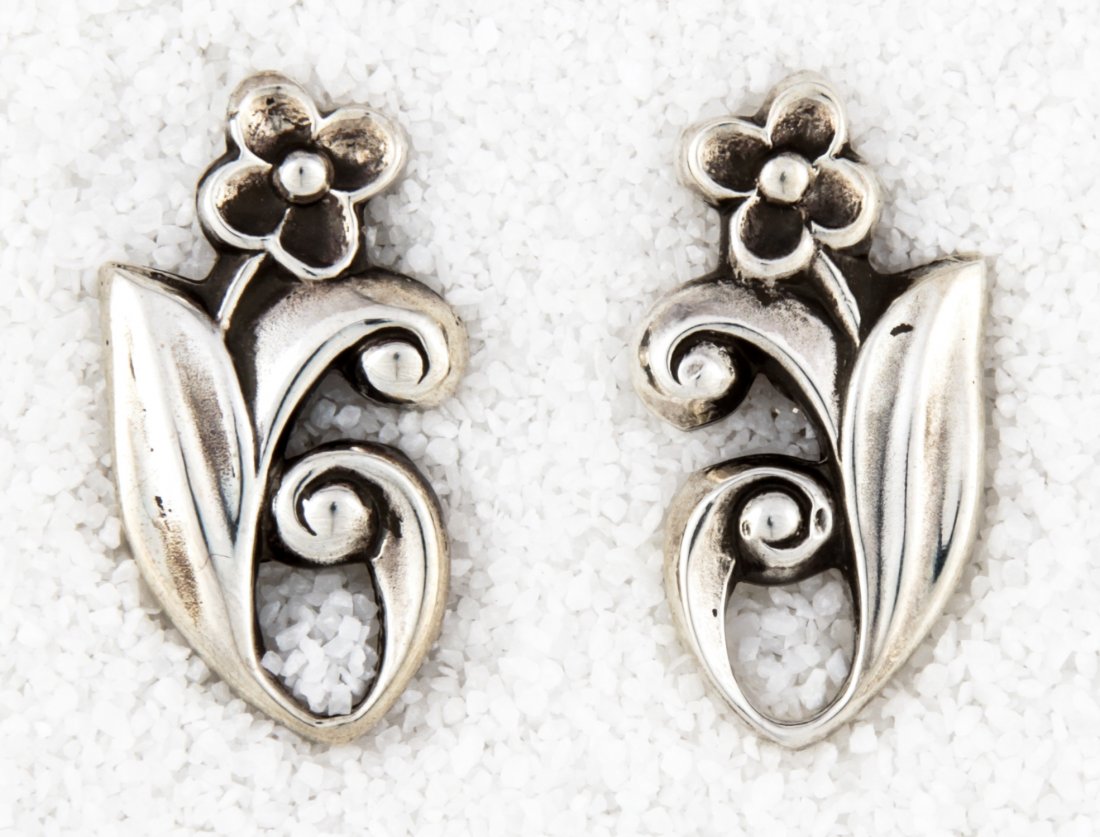 Georg Jensen USA Silver Earrings marked Sterling.: Georg Jensen USA Silver Earrings marked Sterling. Converted to Posts. 1"L (3 cm). Weight: 9.6 g. Since 1937, the The Silver Shop of Princeton, NJ was located at 59 Palmer Square West.