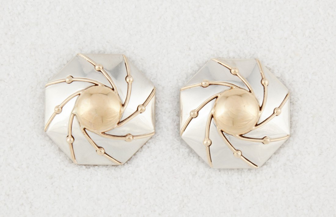 Silver and Gold Earrings: Silver and Gold Earrings marked Sterling 14K. Handmade. 1.25"L (3 cm). Weight: 31 g. Since 1937, the The Silver Shop of Princeton, NJ was located at 59 Palmer Square West.