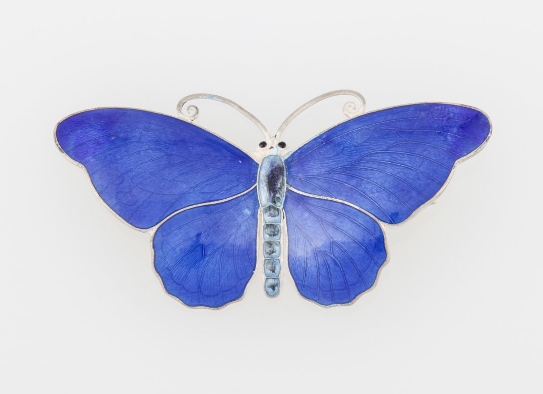 Silver and Enamel Butterfly Pin: Silver and Enamel Butterfly Pin marked illegibly. 2.5"W (6 cm). Weight: 12.1 g. Since 1937, the The Silver Shop of Princeton, NJ was located at 59 Palmer Square West.