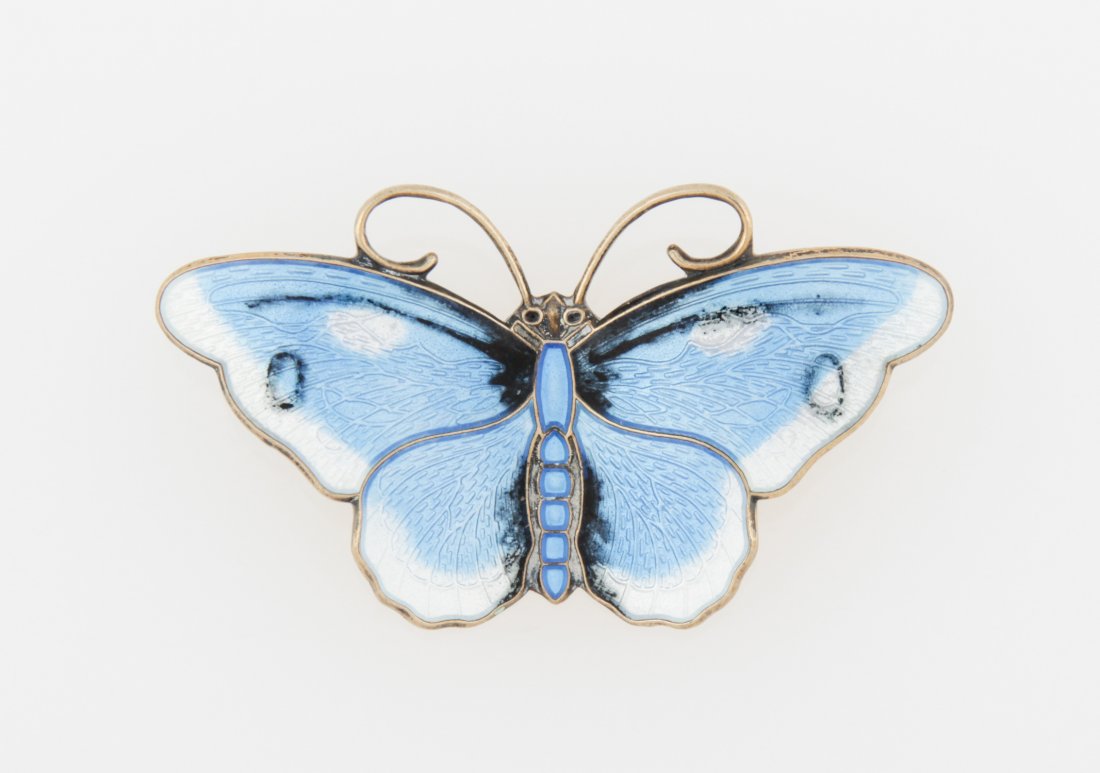 Silver and Enamel Butterfly Pin: Silver and Enamel Butterfly Pin marked Sterling 925 S Norway. 2"W (5 cm). Weight: 8.9 g. Since 1937, the The Silver Shop of Princeton, NJ was located at 59 Palmer Square West.