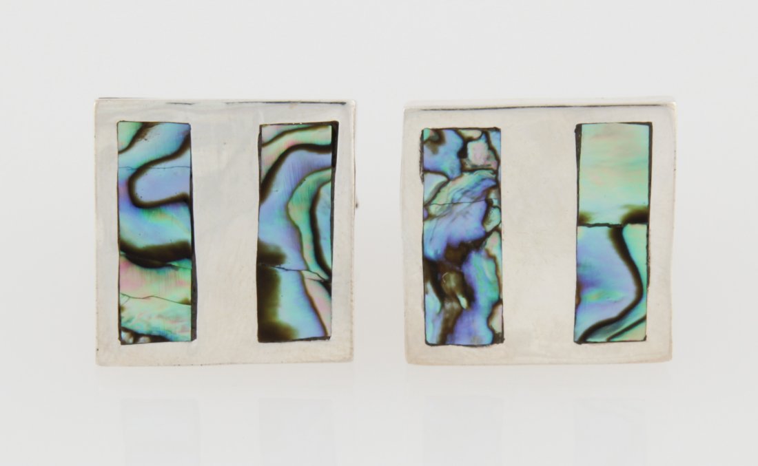 Sterling Silver and Shell Cufflinks: Sterling Silver and Shell Cufflinks. Mexico. .75"D (2 cm). Weight: 10.3 g (total). Since 1937, the The Silver Shop of Princeton, NJ was located at 59 Palmer Square West.