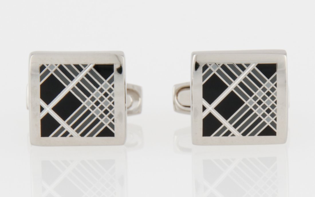 Burberry Silver and Enamel Plaid Cufflinks: Burberry Silver and Enamel Plaid Cufflinks. .5"L (1.5 cm). Weight: 14.5 g (total).Since 1937, the The Silver Shop of Princeton, NJ was located at 59 Palmer Square West.